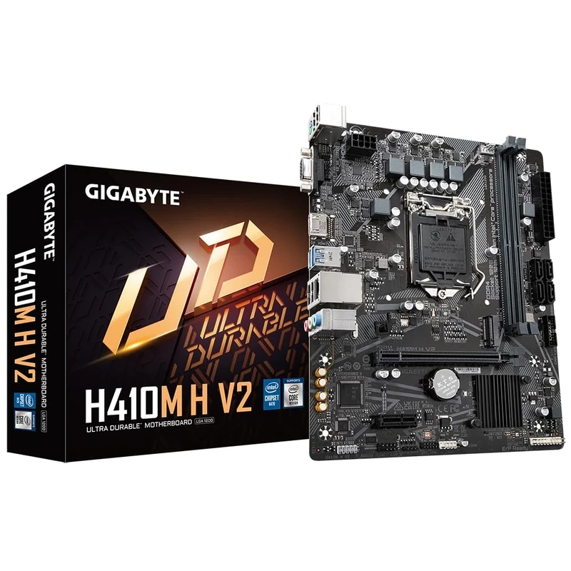 Gigabyte H410M H V2 Motherboard - Supports Intel Core 10th CPUs, up to 2933MHz DDR4 (OC), 1xPCIe 3.0 M.2, GbE LAN, USB 3.2 Gen 1