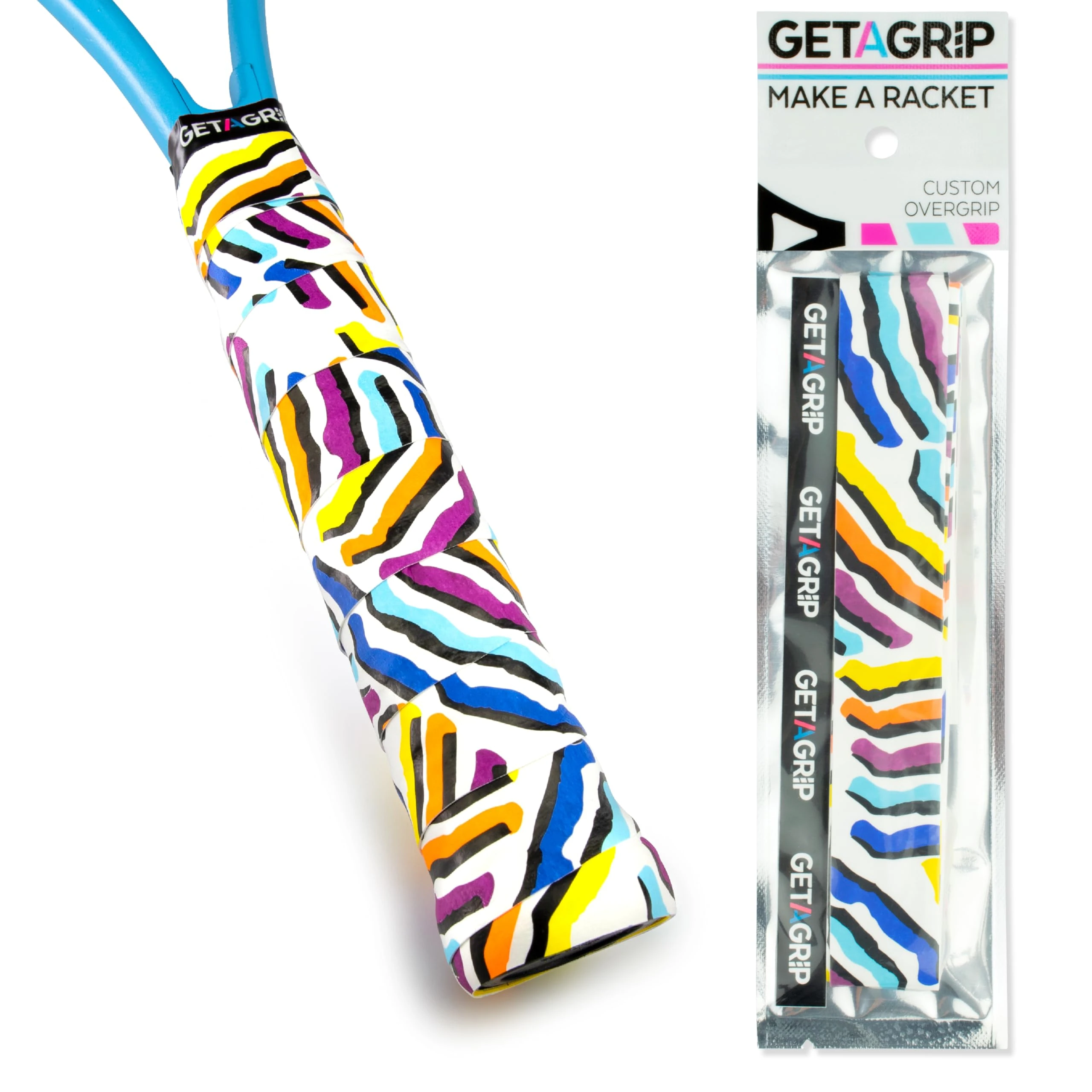 GET A GRIP - Custom Tennis Racket Grip Tape - Anti-Slip/Quick-Drying Tennis Overgrips - Precut Badminton Racket Grip with Finishing Tape - Squash Racket Grip Tapes (Serve & Vibe, 1 Grip)