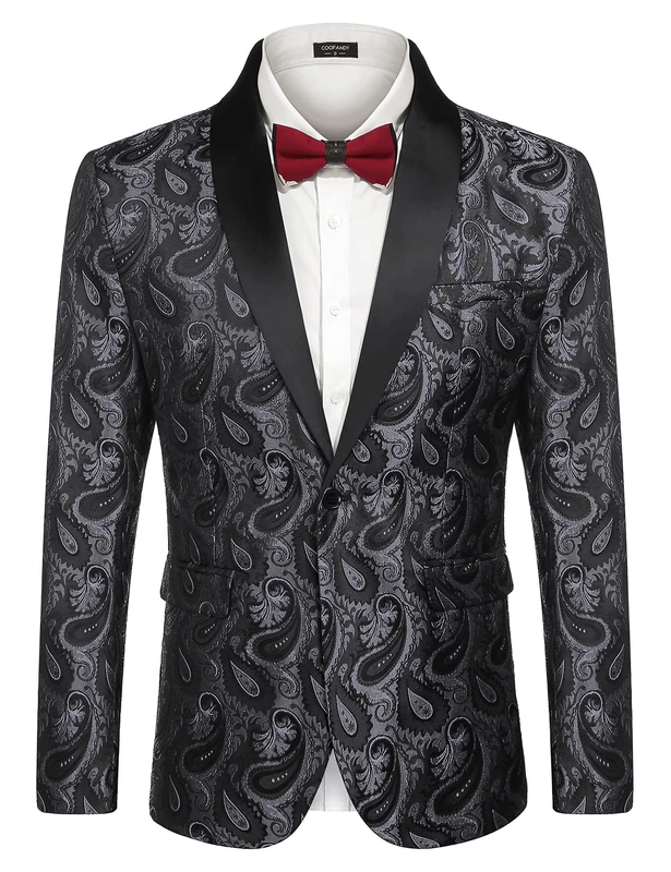 COOFANDY Mens Floral Tuxedo Jacket Paisley Shawl Lapel Suit Blazer Jacket for Dinner,Prom,Wedding, Grey, L