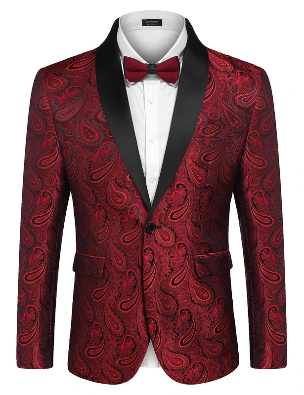 COOFANDY Mens Floral Tuxedo Jacket Paisley Shawl Lapel Suit Blazer Jacket for Dinner,Prom,Wedding, Red, XXL