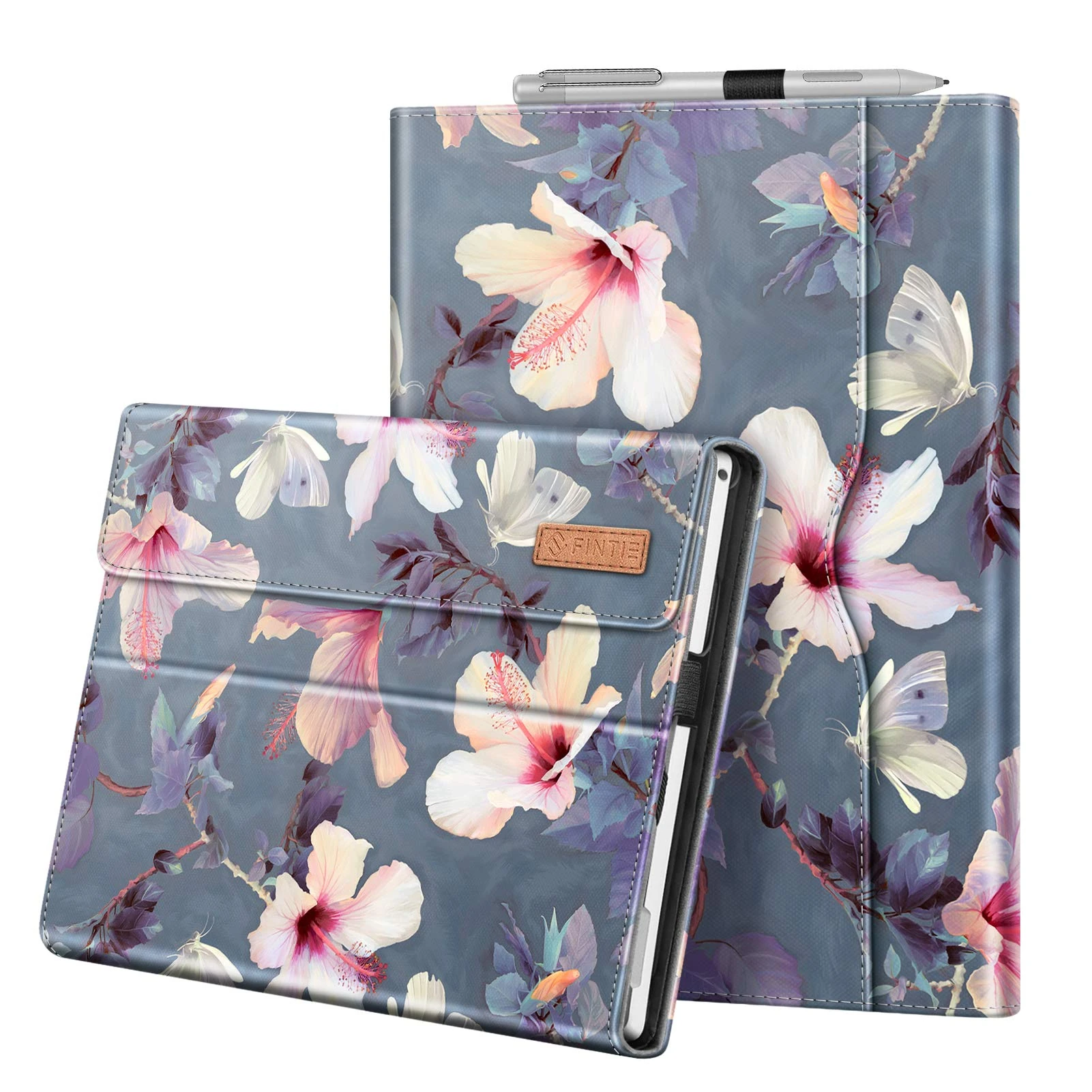 FINTIE Case for 12.3 Inch Microsoft Surface Pro 7 Plus, Surface Pro 7/6/5/4/3 - Portfolio Business Cover with Pocket, Compatible with Type Cover Keyboard, Blooming Hibiscus