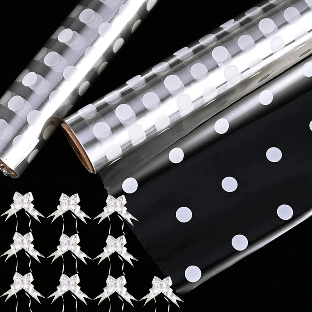 Nabance White Dot Cellophane Wrap for Hampers, 2 Rolls 15m*80cm - Folded in Half, Cellophane Rolls with 10 Pull Bows, 1 Ribbon, for Birthday and Easter Fruit Florist Basket Wrapping Cellophane