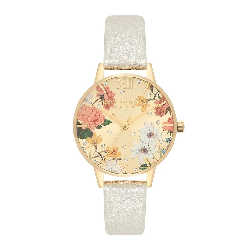 Olivia Burton Analogue Quartz Watch for Women Sparkle Florals Collection with Silver Leather Strap - OB16BF35