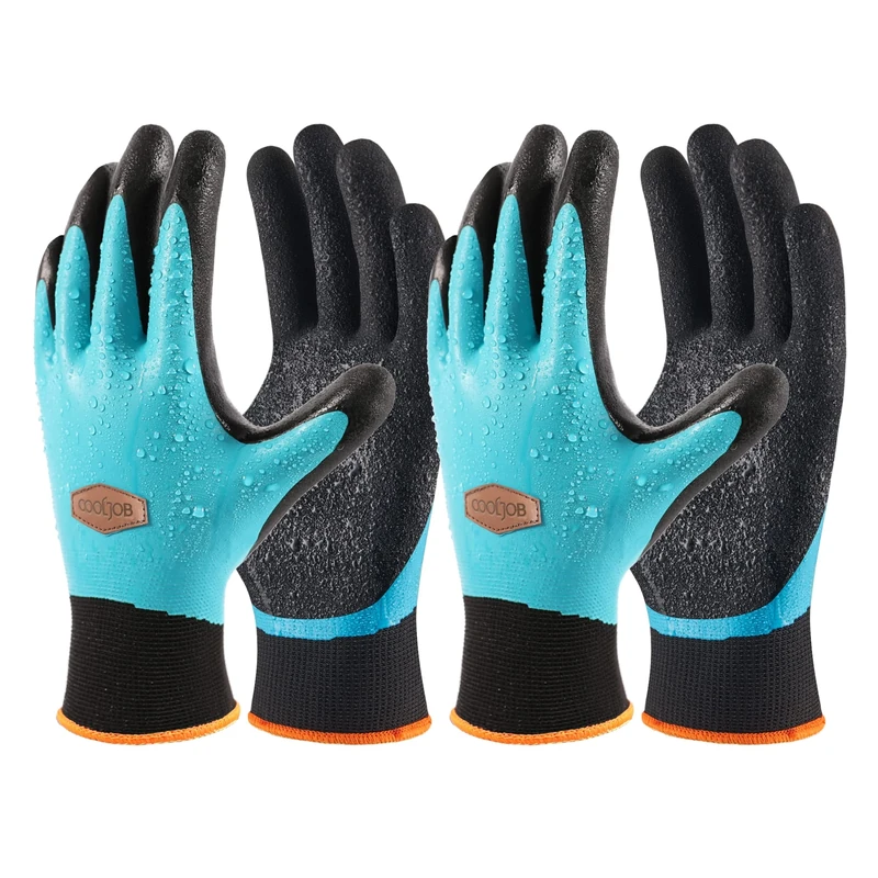 COOLJOB Waterproof Gardening Gloves for Women & Men, 2 Pairs Grip Double Latex Coated Work Gloves with Grip for Motorcycle, Car Washing, Blue & Black, X-Large Size (2 Pairs XL)