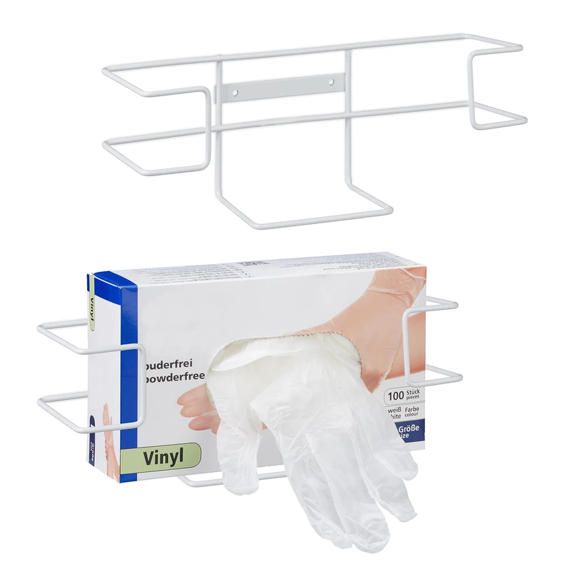 Relaxdays Dispenser, Set of 2, Holder, for Disposable Glove Boxes, HBT 10 x 27.5 x 8.5 cm, Iron, White, 100%, 10 x 27,5 x 8,5 cm
