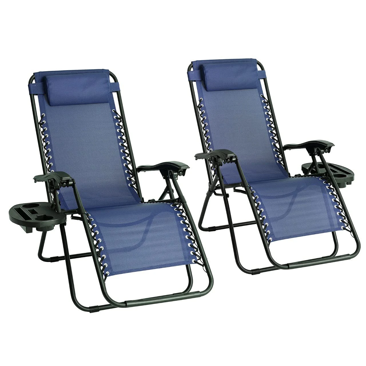 Straame Garden | Zero Gravity Chair | Set of 2 | Heavy Duty Textoline | Outdoor & Garden Sunloungers | Reclining & Folding Chair with Cup Holder and Headrest Pillow (Navy)