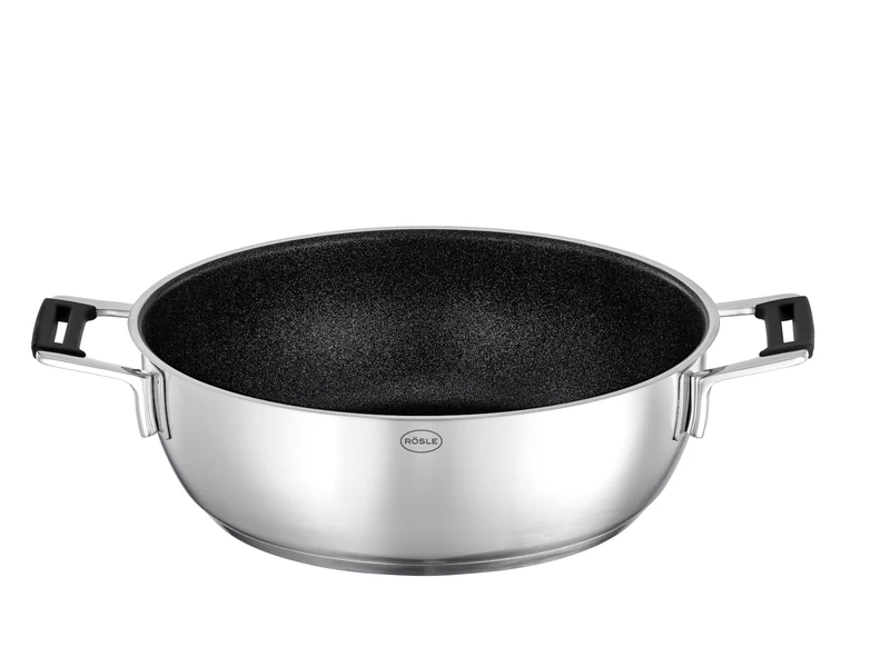 RÖSLE Silence PRO Serving Pan with Scratch-Resistant Premium Non-Stick Coating ProResist, Silicone Handles, 28 cm, 18/10 Stainless Steel, Induction Safe, Dishwasher Safe, Silver/Black
