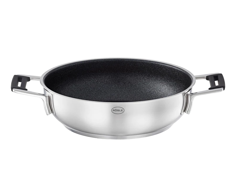 RÖSLE Silence PRO Serving Pan with Scratch-Resistant Premium Non-Stick Coating ProResist, Silicone Handles, 24 cm, 18/10 Stainless Steel, Induction Safe, Dishwasher Safe, Silver/Black