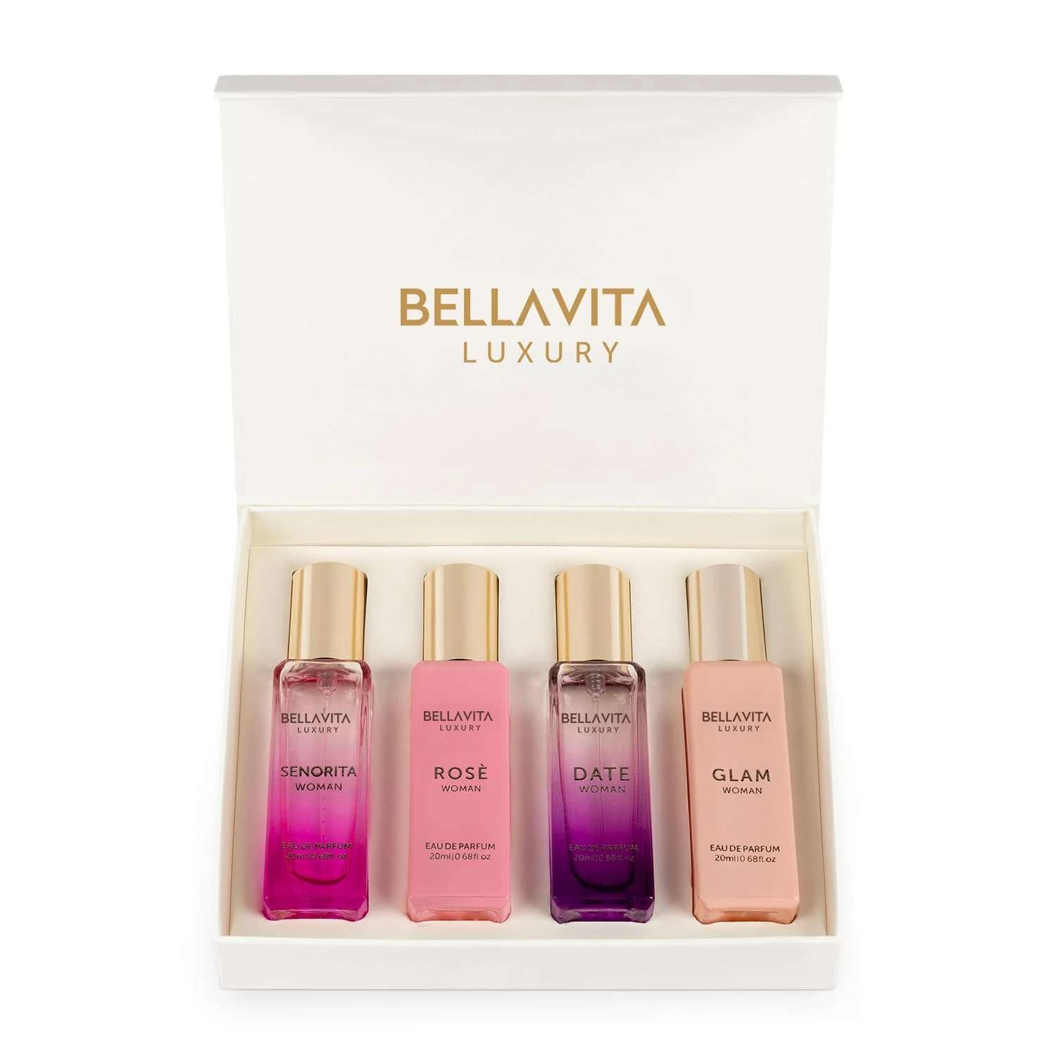 Bellavita Luxury Women's Gift Set with Date, Senorita, Glam and Rose | Gift Set (4 * 20ml) | Women's Perfume | Gift choice for Birthday and Anniversary
