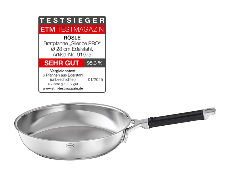 Rösle Silence PRO Frying Pan, High-Quality Stainless Steel Pan with Silicone Handle, 28 cm, Stainless Steel 18/10, Suitable for Induction Cookers, Dishwasher Safe, Silver/Black