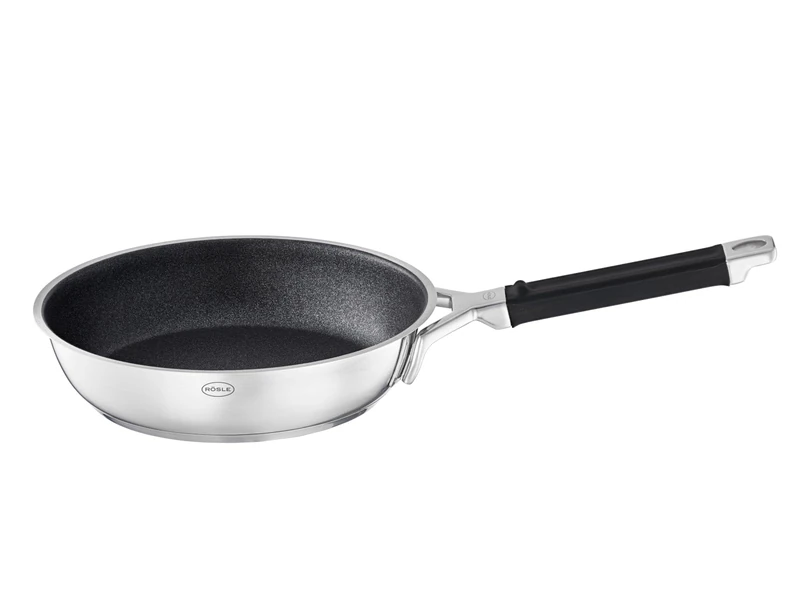 Rösle Silence PRO Frying Pan with Scratch-Resistant Premium Non-Stick Coating ProResist, Silicone Handle, 28 cm, 18/10 Stainless Steel, Suitable for Induction Cookers, Dishwasher Safe, Silver/Black