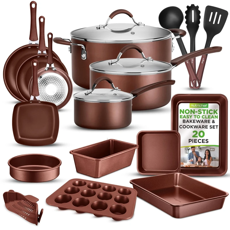 Nutrichef 20-Piece Non-Stick Cookware & Bakeware Set – Induction Compatible, Heat-Resistant Handles, Saucepans, Frying Pans, Muffin & Cookie Tray – PTFE/PFOA/PFOS-Free, Brown