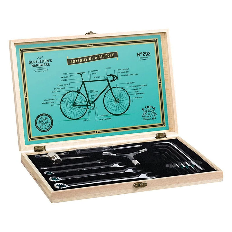Gentlemen's Hardware Bike Tool Kit Stainless Steel Bicycle Repair Kit, 16-Piece, in Wood Storage Box - Image 1