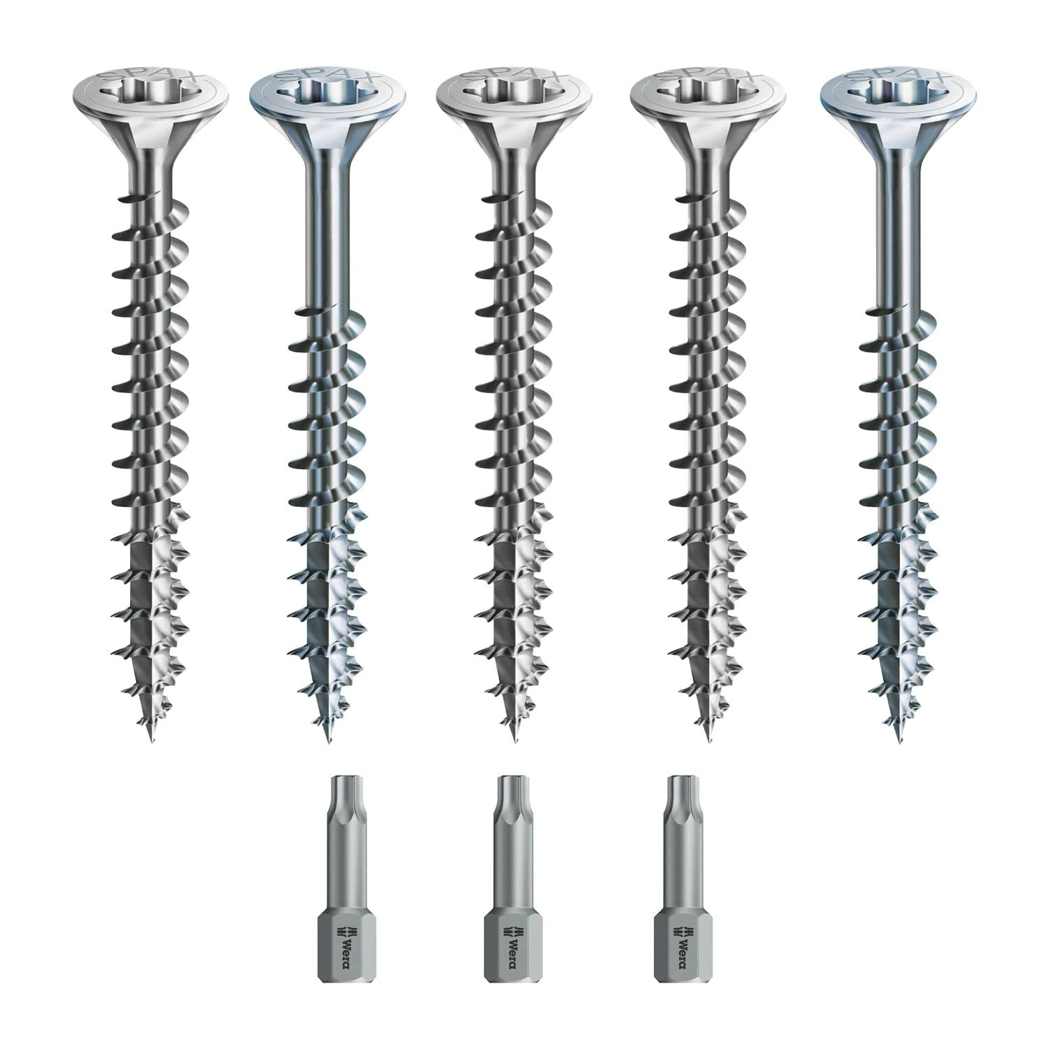 Spax Wood Screw Set Full/Partial Thread + Torx Bit 5 Sizes: 3 x 30/4 x 40/4.5 x 45/5 x 80/6 x 100 / WIRROX Silver