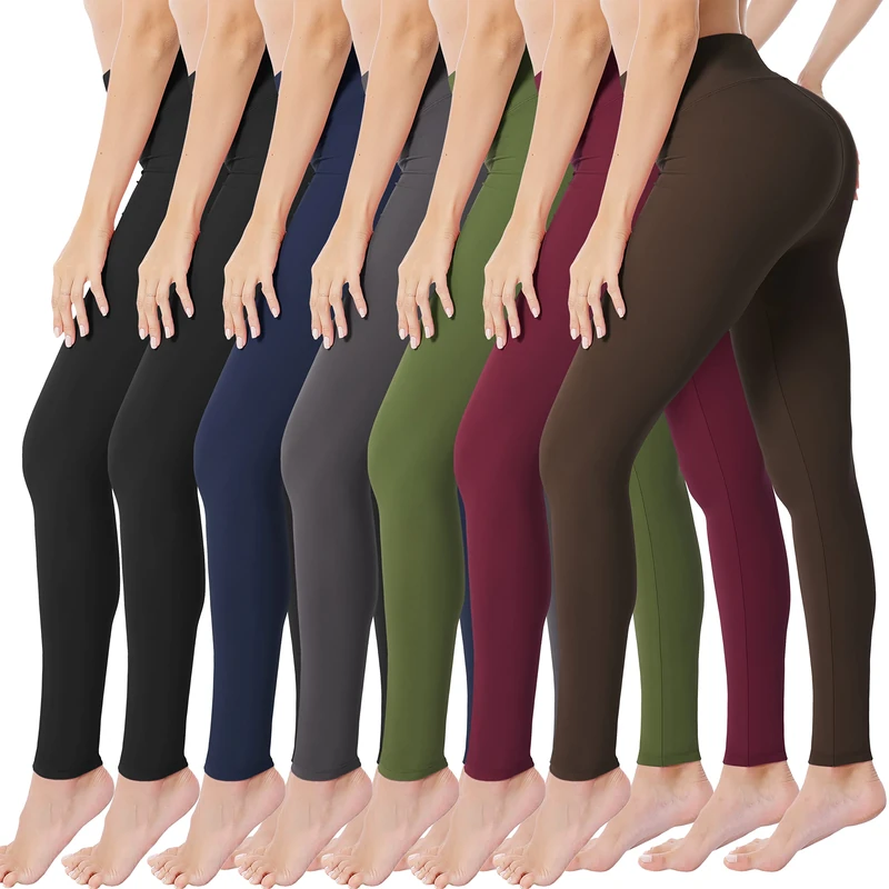VALANDY High Waisted Leggings for Women Buttery Soft Stretchy Tummy Control Workout Yoga Running Pants One&Plus Size, 7 Packs-black2/Navy/Dark Gray/Brown/Olive/Burgundy, XXL
