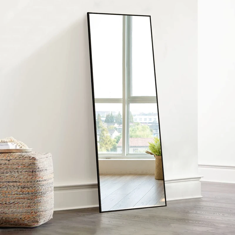 KIAYACI Wall Mirror Full Length Full Body Mirror Bedroom Dressing Mirror Standing Hanging or Leaning Against Wall Aluminum Alloy Frame(Black, 43" x 16")