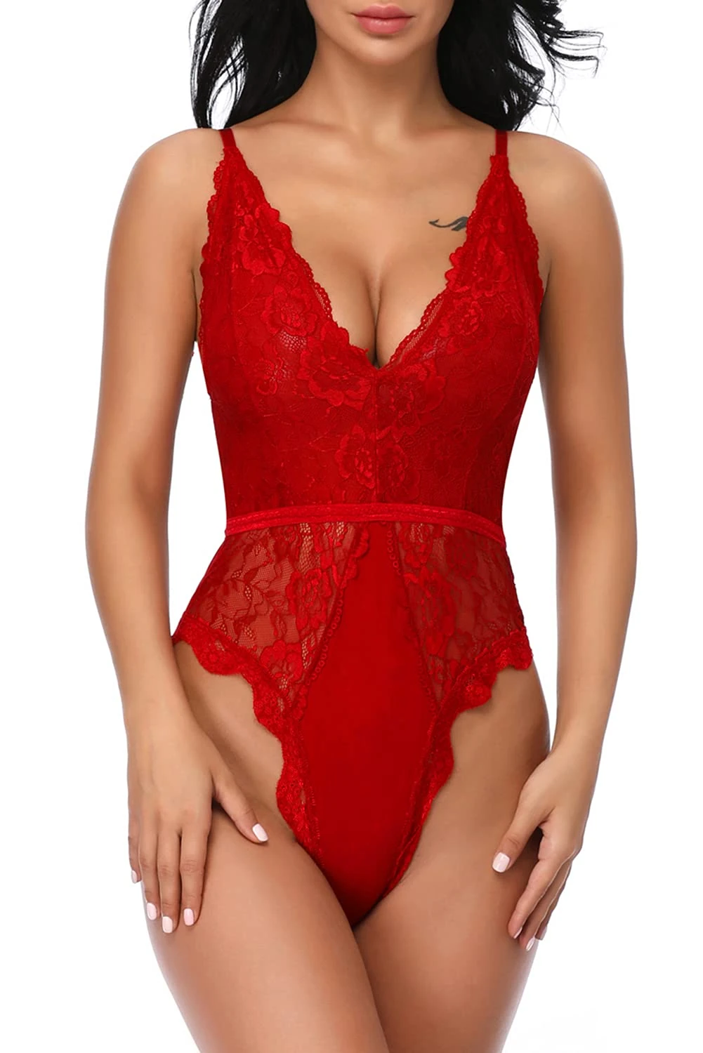 EVELIFE Women Sexy Teddy Lingerie One Piece Lace Babydoll Deep V Neck Bodysuit, Red S