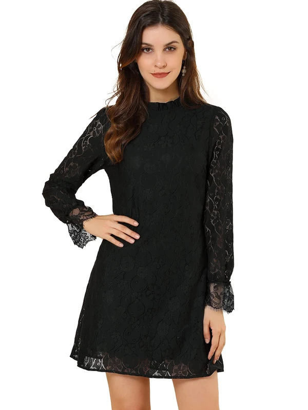 Allegra K Women's Ruffle Crew Neck Formal Elegant Mini Floral Lace Dress, Black, L