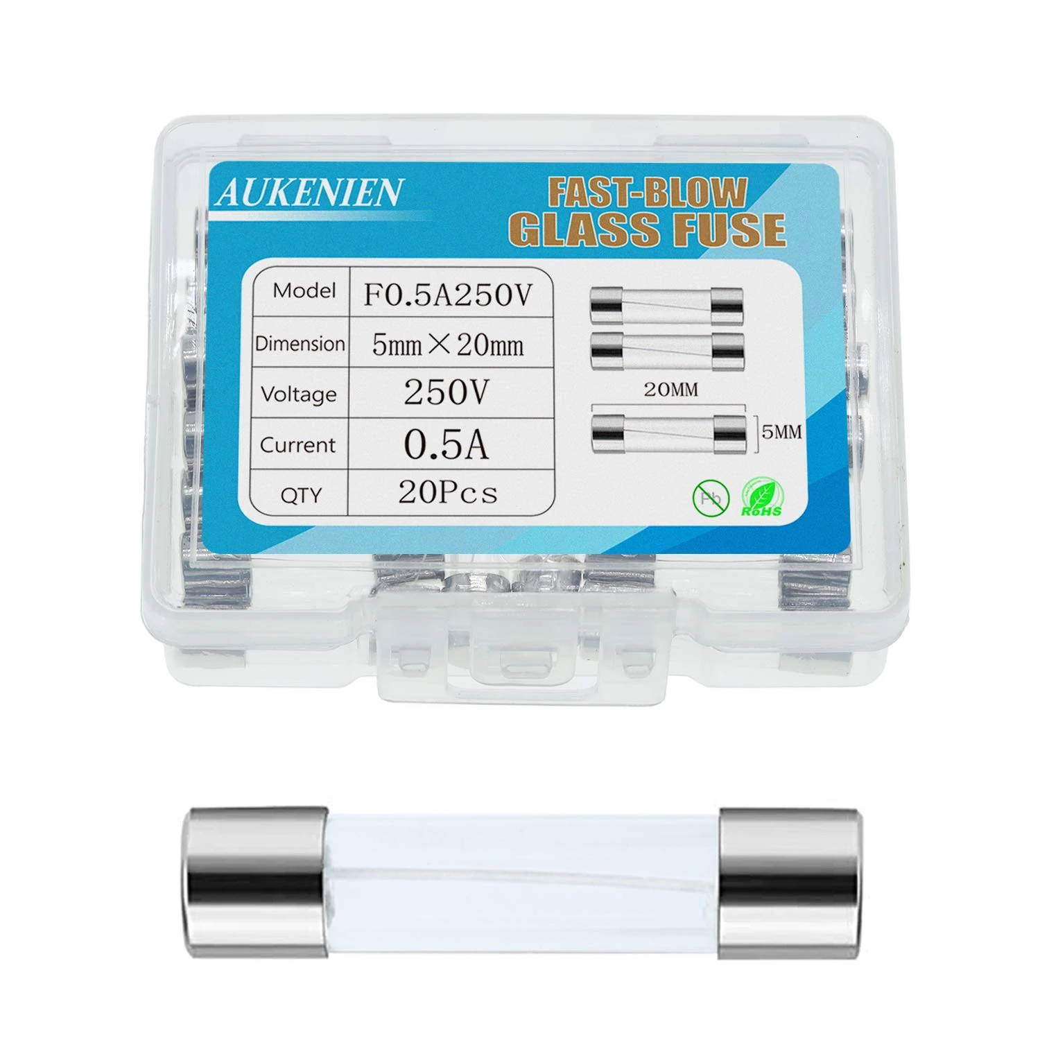 AUKENIEN 0.5A 250V Fast Blow Glass Fuse F0.5AL250V 500mA 0.5Amp 250 Volt Glass Fuses 5x20 mm 0.2x0.78 inch, Multiple Values Optional (Pack of 20)