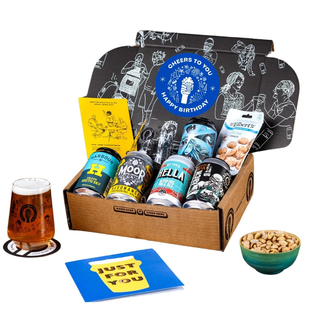 Premium Craft Pale Ale/IPA Happy Birthday Beer Gift Hamper - 5 Independent British Craft Beers, a Snack and Beer Tasting Glass by QWERTY Beer Box - Birthday Beer Gift for Men, Craft Beer Gift Set