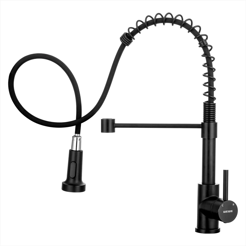 WEWE Faucet for Kitchen Sink, Kitchen Faucet Black Stainless Steel Commercial Spring Kitchen Faucet with Pull Down Sprayer, One Hole or 3 Hole Kitchen Faucet for RV Outdoor Farmhouse Camper Bar Sinks