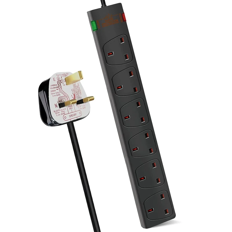 EXTRASTAR 6 Way Extension Leads with Surge Protection, 13A 3120W Approved British UK Wall Mounted Power Strips with 2 Metre Extension Cord for Home, Office - Black