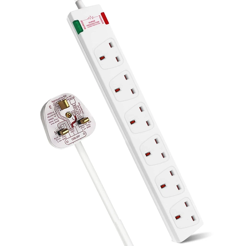 EXTRASTAR 6 Way Extension Leads with Surge Protection, 13A 3120W Approved British UK Wall Mounted Power Strips with 3 Metre Extension Cord for Home, Office - White