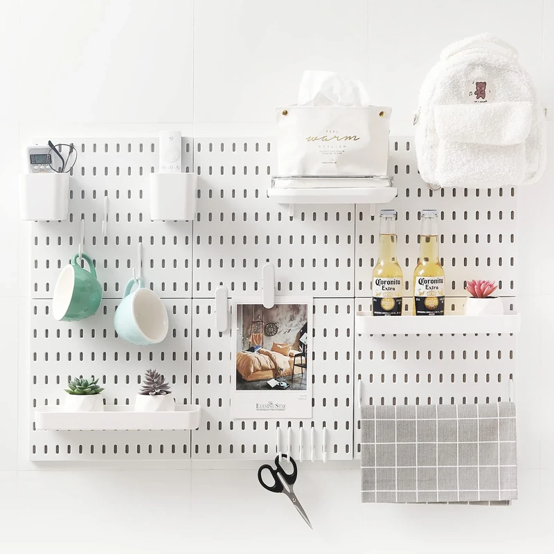JoyBHole 33"x22" Pegboard Combination Kit and 18 Accessories(Shelf Storagebox Hook Brackets Clips) No Punching for Garage Kitchen Living Room Bathroom Office,Pegboard Wall Organizer (White, 6)