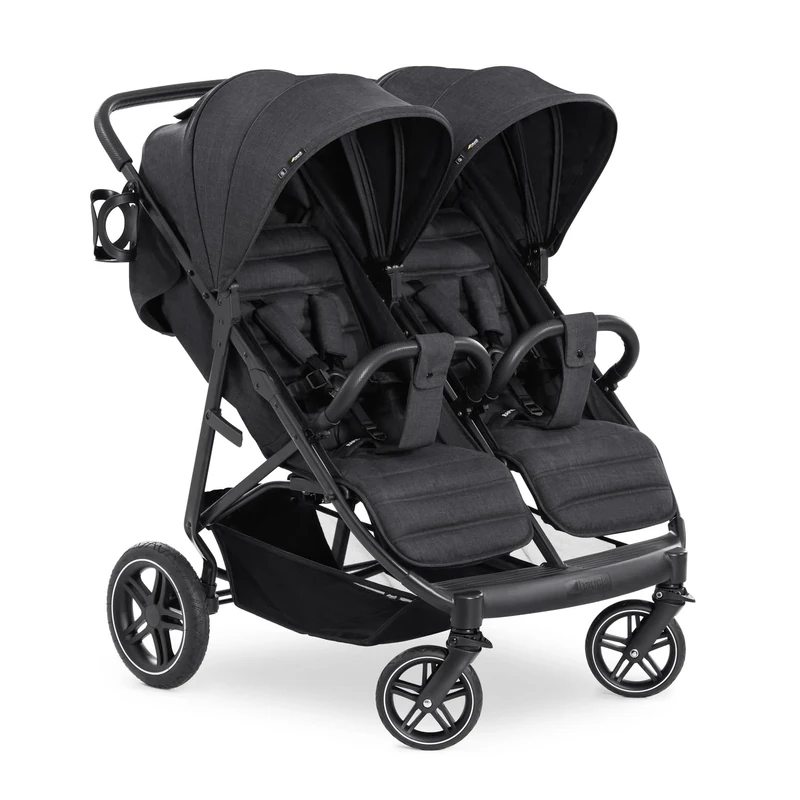 Hauck Uptown Duo, Black - Side by Side Double Pushchair with Raincover, Rubber Wheels & Cup Holder, Fully Reclining from Birth up to 15 kg Each Child, 77 cm Wide, Compact Folding, XL Storage Basket