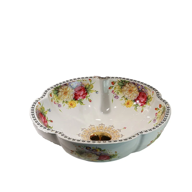 Ceramic Bathroom Vessel Sink Flower Shape Peony Design Porcelain Above Counter Sink for Bar and Cloakroom Chinese Vanity Bowl