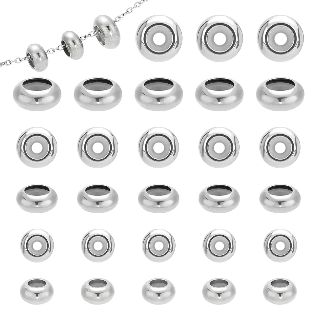 PH PandaHall 30pcs 304 Stainless Steel Slider Beads, 7/8/10mm Slider Clasps Silicone Stopper Beads with Rubber Inside for DIY Crafts European Bracelets Necklaces Jewelry Making, Silver