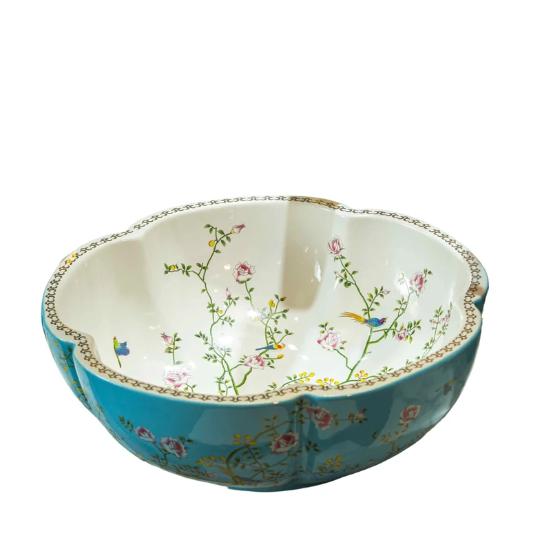Vessel Sink Blue Color Flower and Bird Design Jingdezhen Flower Shape Ceramic Countertop Art Wash Basin for Bathroom,1 Sink Only,Size/Dimensions:H14.5cmxW41.5cm