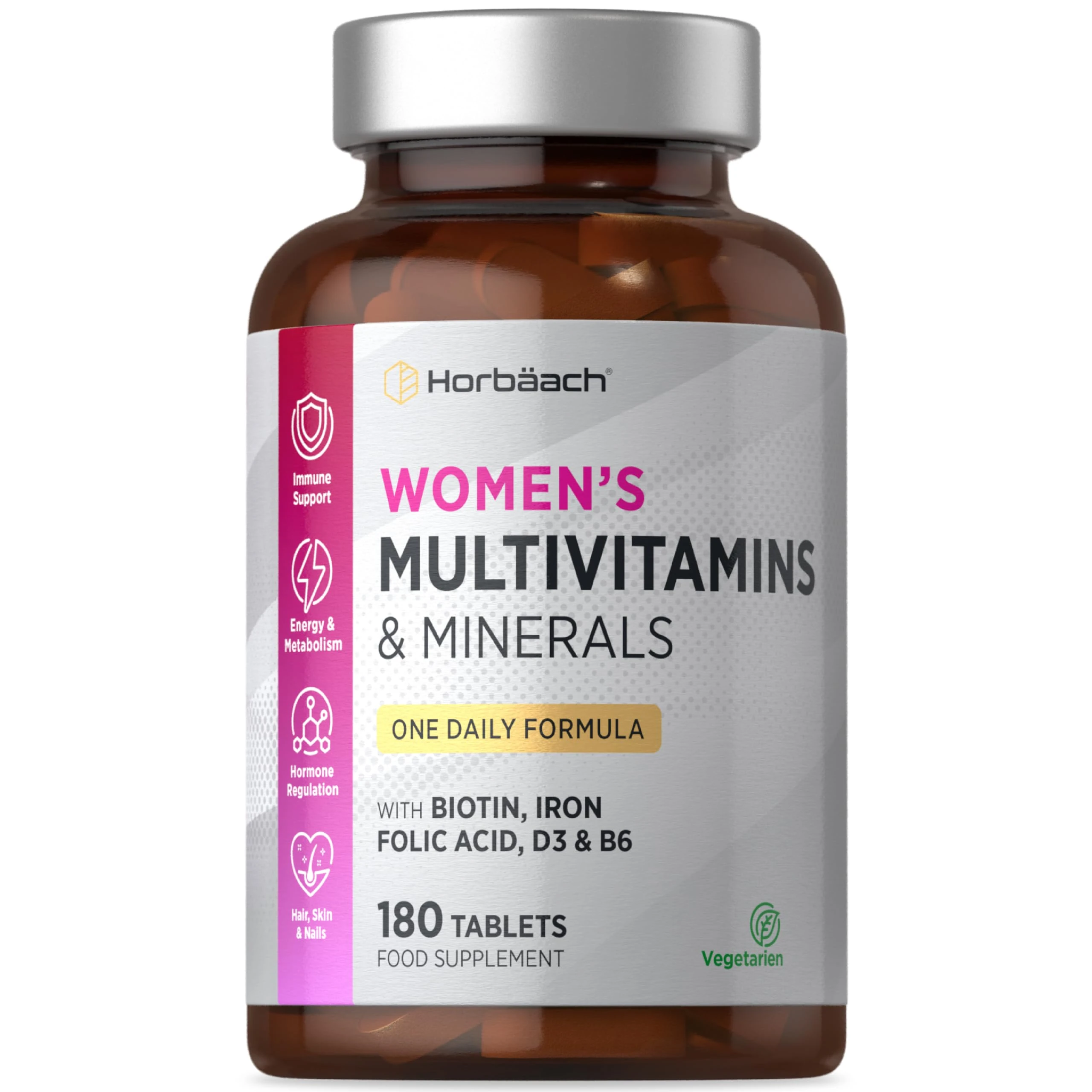 Womens Multivitamins and Minerals | with Iron, Calcium, Biotin, Folic Acid, Vitamins D3, B3, B6 & B5 | 180 Vegetarian Tablets | by Horbaach