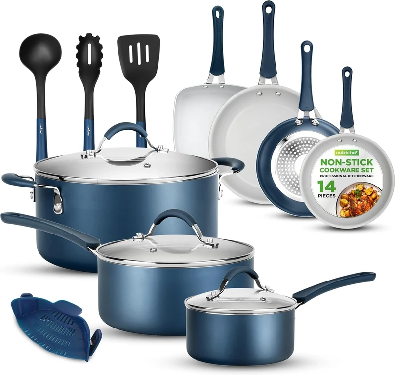 NutriChef Stackable Pots and Pans Set - Ceramic Non Stick Pan Set, Induction Hob Cookware Set, Premium Cooking Set w/Lids, Heat Resistant, 14 Pcs, Blue