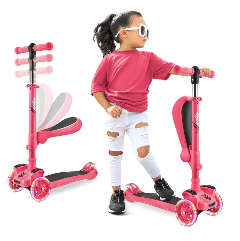 Hurtle 3-Wheel Try Scooter for Kids - Ages 2-12, Flip-able Seat, Foldable Kick Scooter, Flashing Lights, Adjustable Height, Watermelon
