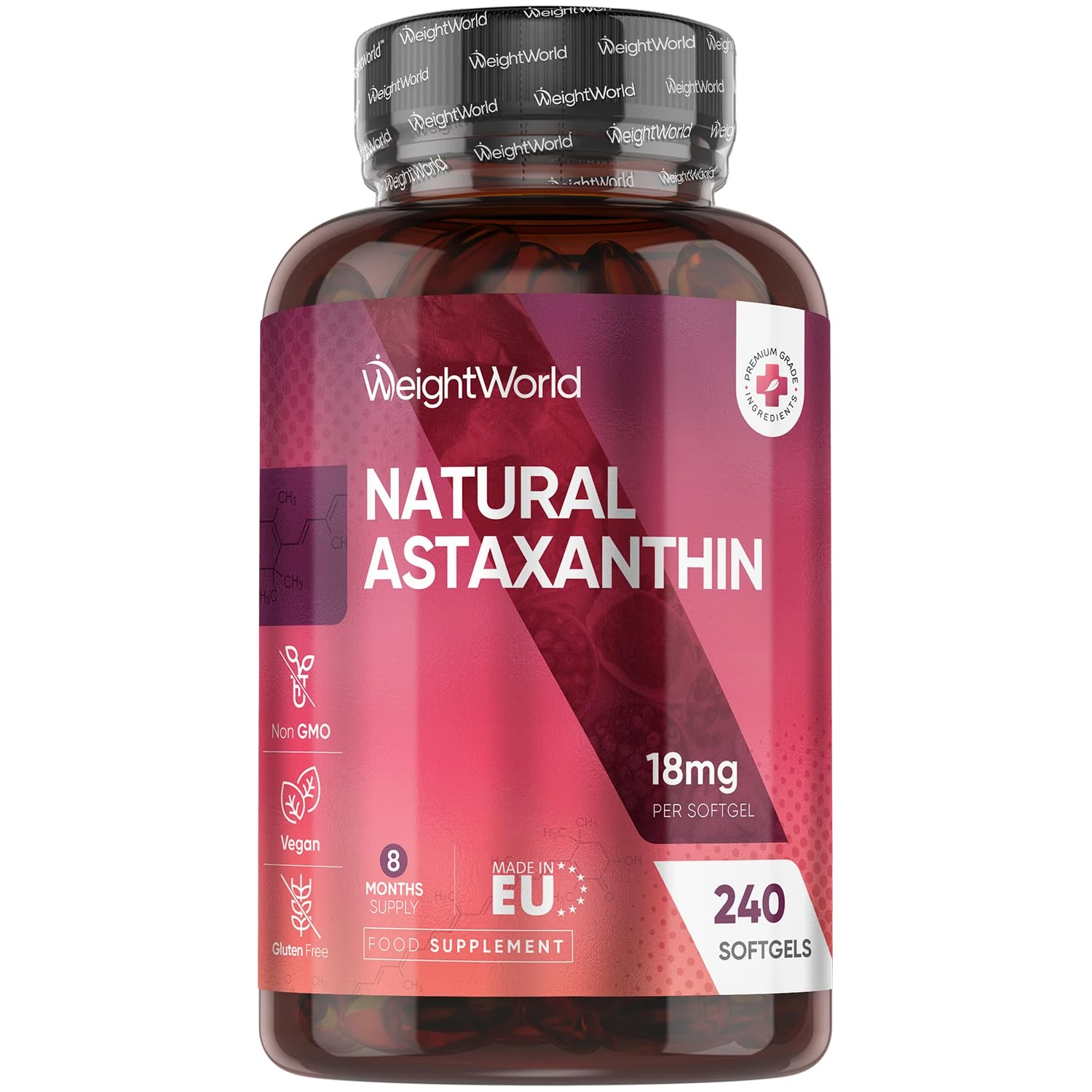 WeightWorld Natural Astaxanthin 18mg - 240 Softgels - 8 Months Supply - Vegan Astaxanthin Supplements - Sourced from Haematococcus Pluvialis Algae - Non-GMO & GMP-Approved - for Both Men & Women