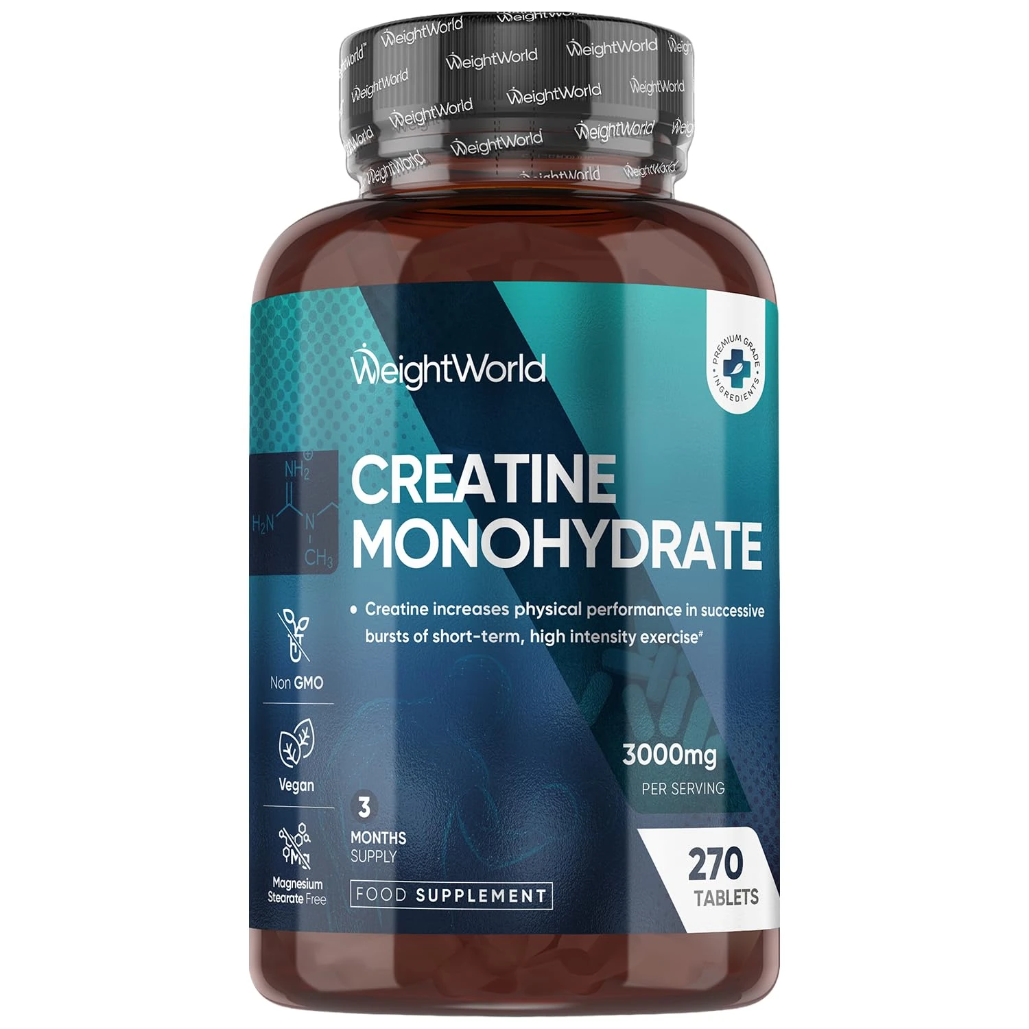 Creatine Monohydrate Tablets - 270 Unflavoured Creatine Tablets - Vegan & Keto-Friendly - 3 Months Supply - Non-GMO & Magnesium Stearete-Free - for Men & Women