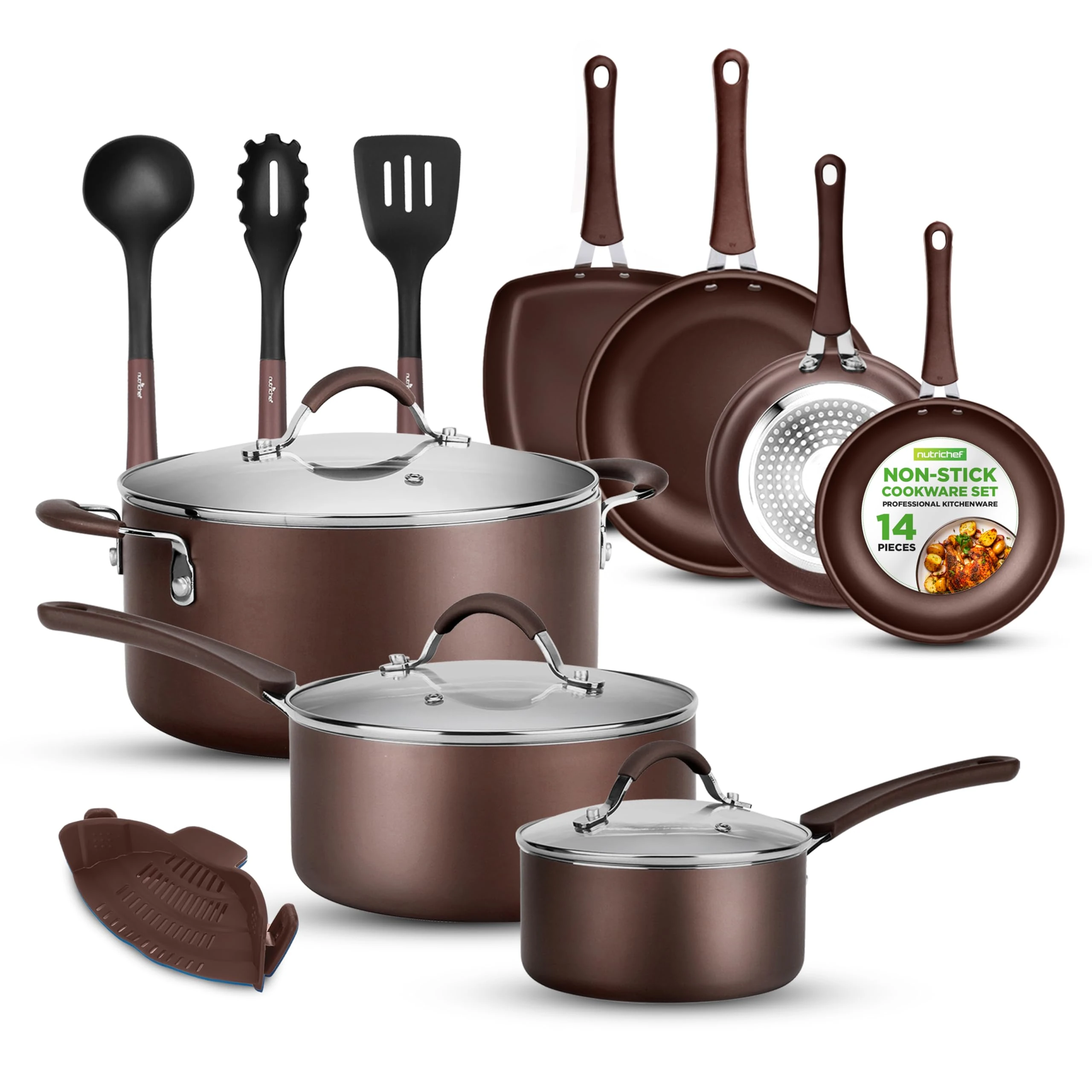 NutriChef, Stackable Pots and Pans Set - Ceramic Non Stick Pan Set, Induction Hob Cookware Set, Premium Cooking Set w/Lids, Heat Resistant, 14 Pcs, Brown
