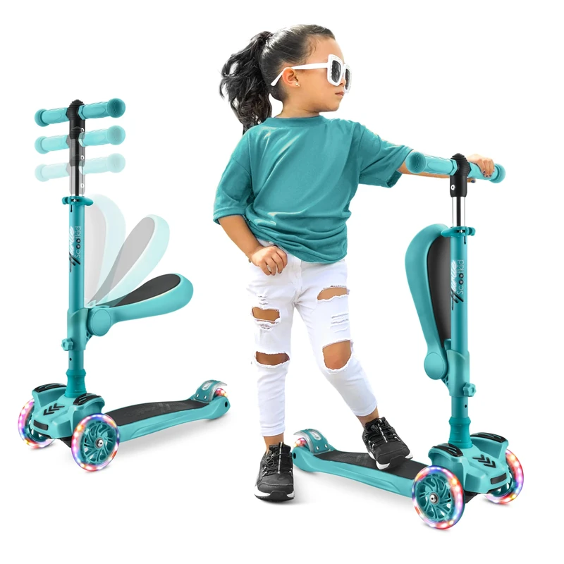 Hurtle 3-Wheeled Scooter for Kids, Boys & Girls, Ages 2-12, Foldable Kick Scooter with Flip-able Seat, Flashing Lights, Height Adjustable, Teal