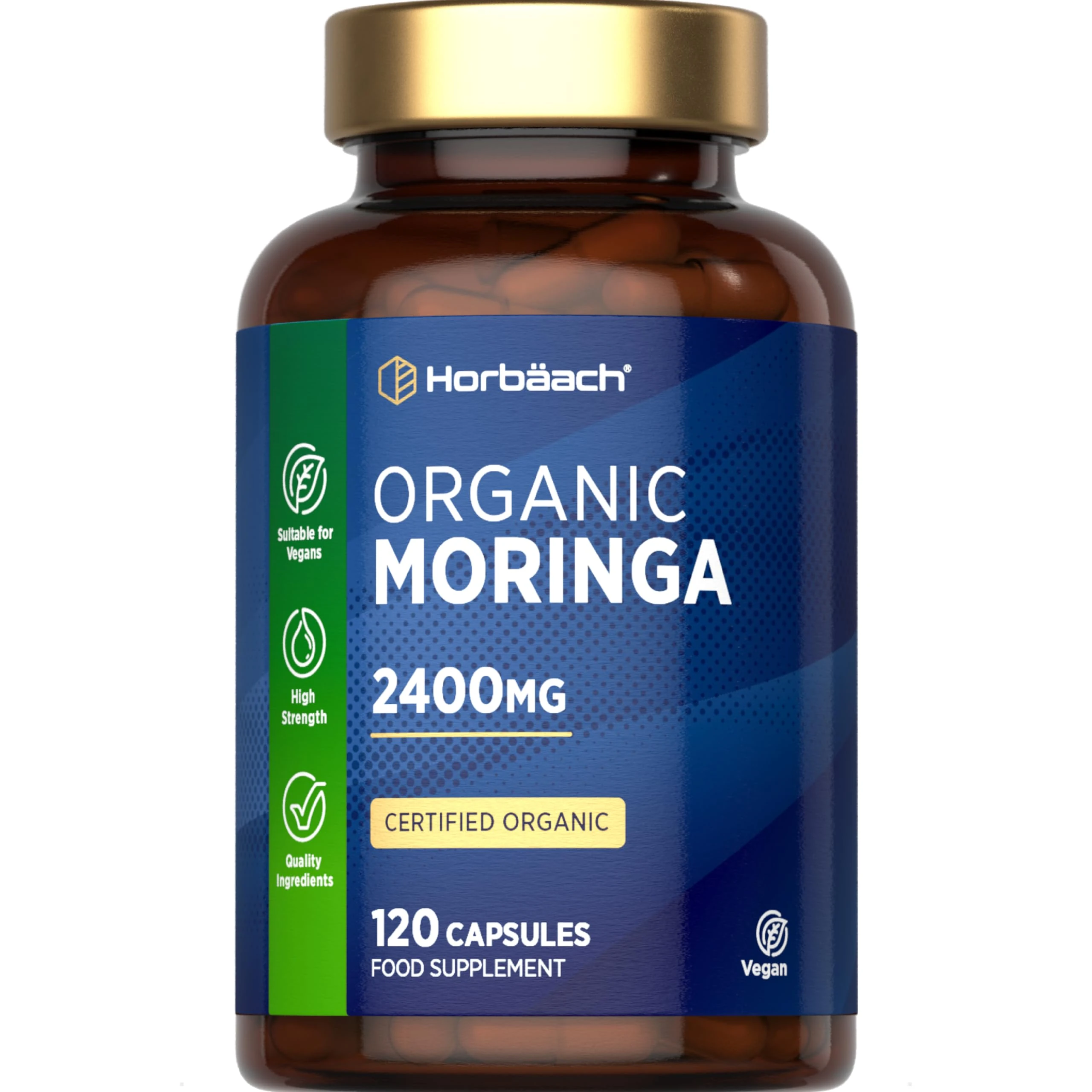 Organic Moringa Capsules 2400mg | High Strength Moringa Oleifera Leaves | 120 Vegan Powder Capsules | Horbaach