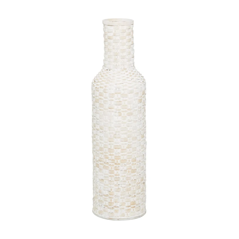 Deco 79 Bamboo Wood Tall Woven Floor Vase, 9 Inch x 9 Inch x 30 Inch, White