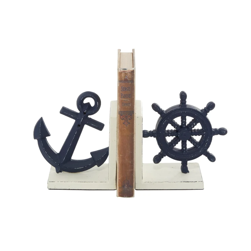 Deco 79 Metal Anchor and Ship Wheel Bookends, Set of 2 6"W, 6"H, Blue