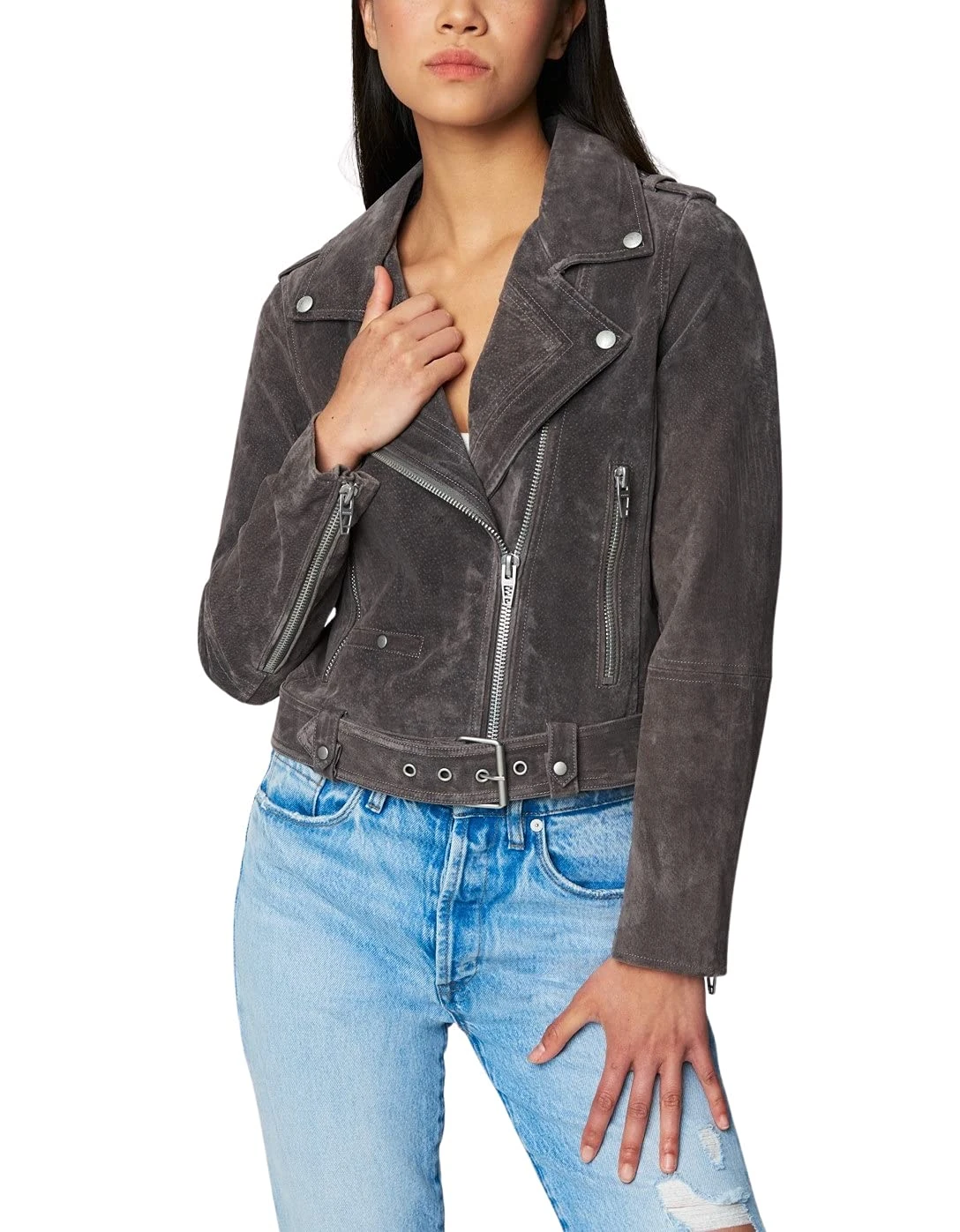 [BLANKNYC] Womens Luxury Clothing Cropped Suede Leather Motorcycle Jacket, High Altitude, Medium