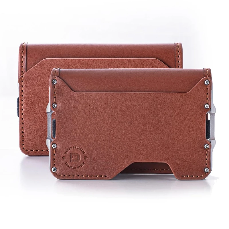 Dango D03 Dapper Bifold EDC Wallet - Made in USA - Genuine Leather, Slim, Minimalist, Metal, RFID Blocking, Whiskey Brown/Satin Silver, Minimalist - Image 1