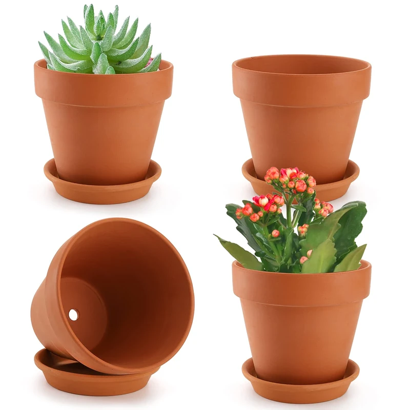 Suwimut 4 Pack 15×14cm / 6×5.7inch Terracotta Plant Pots with Saucer, Large Terra Cotta Planter Pot with Drainage Hole, Clay Flower Pot with Tray for Indoor Outdoor Plant