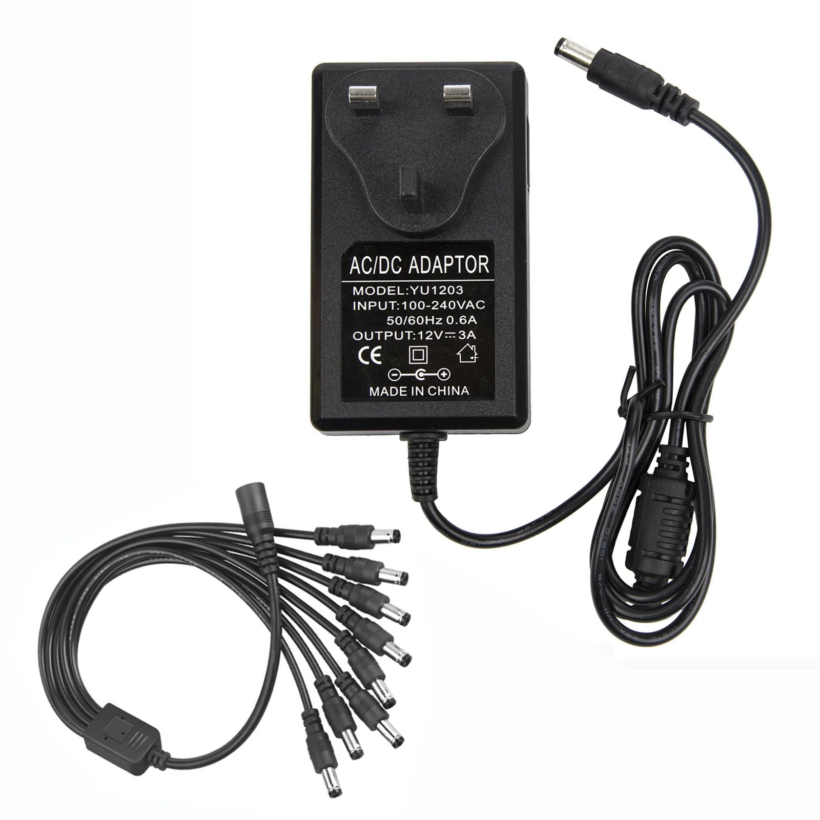 AC 100-240V to DC 12V 3A Power Supply Adapter UK 36W Charger with 1 to 8 Power Splitter Cable 8-way for Analog AHD DVR CCTV Camera COLM