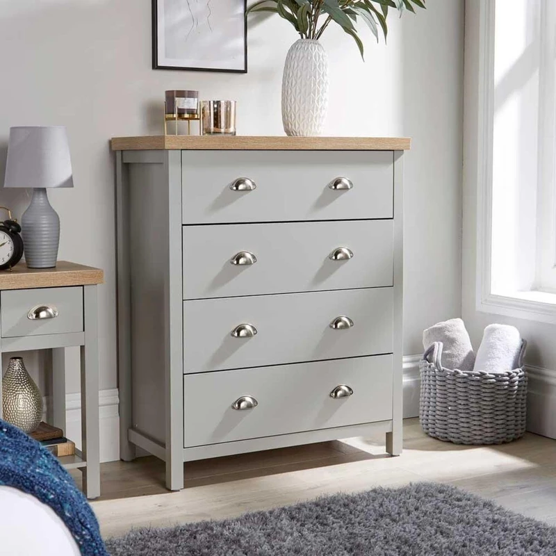 Home Source Wide Chest of Drawers Clothing Storage Unit, 4 Drawers, Grey, Sonoma Oak Effect