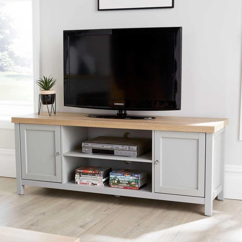 Home Source Avon TV Stand 130cm – Grey, Sonoma Oak Top, 2 Cupboards & Shelves | 130W x 39D x 50H cm | TV Unit Fits up to 55 Inch