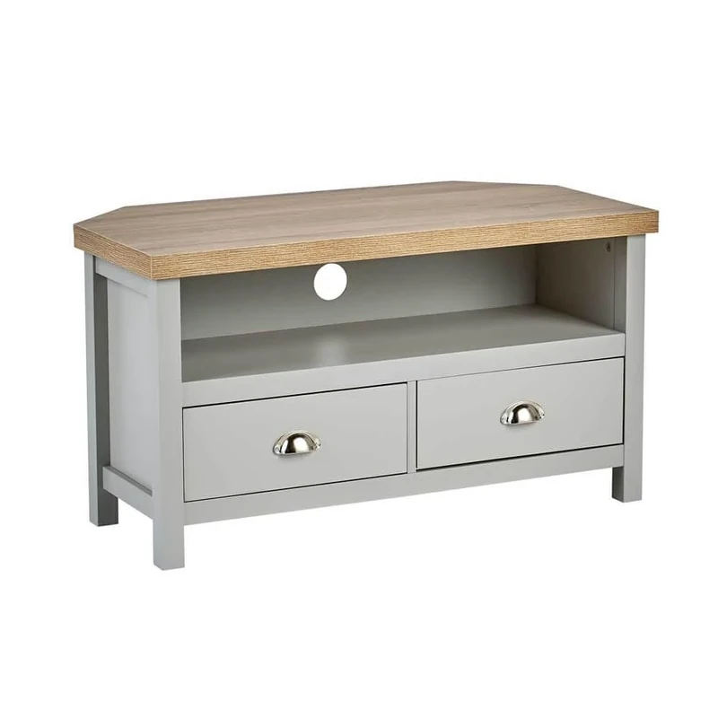 Home Source Corner TV Stand Entertainment Cabinet Television Unit, Oak Effect, Grey, 2 Drawer