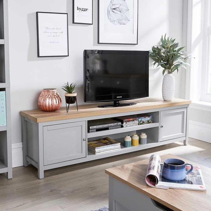 Home Source TV Stand 180cm – Grey & Sonoma Oak Effect, 2 Cupboards and 2 Shelves | 180W x 39D x 50H cm | Fits TVs up to 70 Inch - Image 1